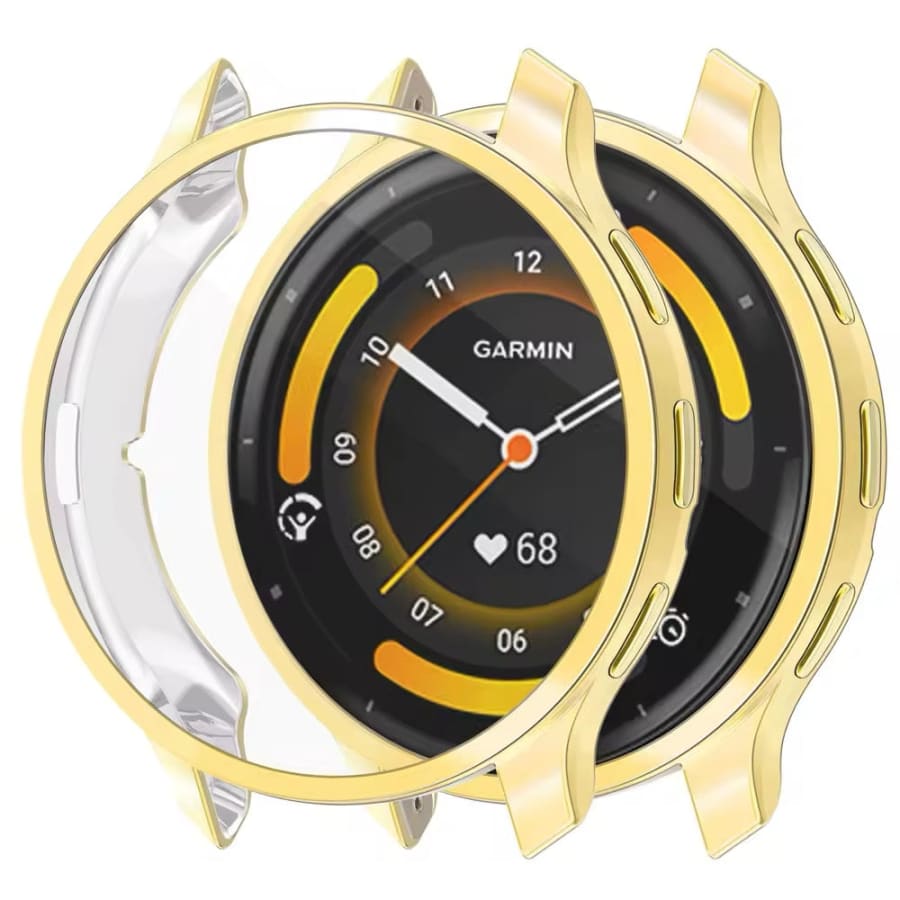 Gold protective case for Garmin Venu 3S watch, made by That Watch Shop, showing the snug fit around the watch face and band.