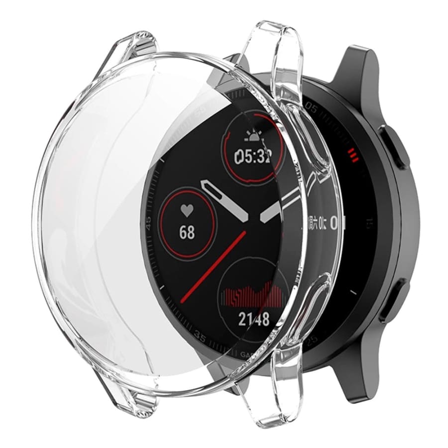 Clear protective watch case for Garmin Venu, transparent and snug-fitting, designed to safeguard the Garmin Venu smartwatch.