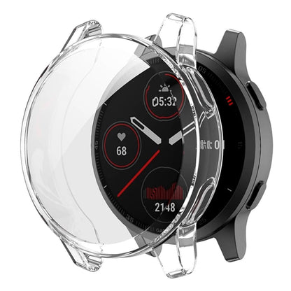 Clear protective watch case for Garmin Venu, transparent and snug-fitting, designed to safeguard the Garmin Venu smartwatch.
