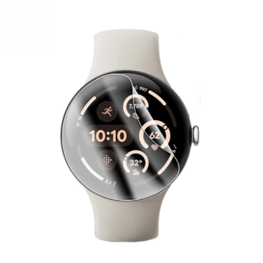 Hydrogel screen protectors for Google Pixel Watch 3 41mm, pack of 6, showing the clear protectors fitting over the watch screen.