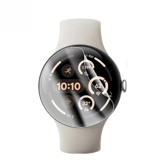 Hydrogel screen protectors for Google Pixel Watch 3 41mm, pack of 6, showing the clear protectors fitting over the watch screen.