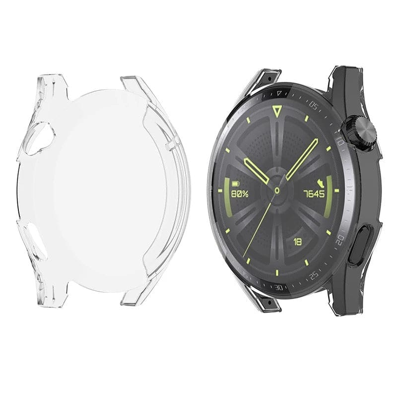 Clear protective watch case for Huawei GT 42mm, showing the transparent design and snug fit on the smartwatch.