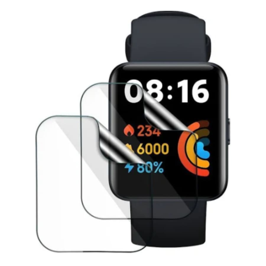 Hydrogel screen protector for Redmi Watch 2 Lite, pack of 6, protective watch case by That Watch Shop, showing the clear film on the watch screen.
