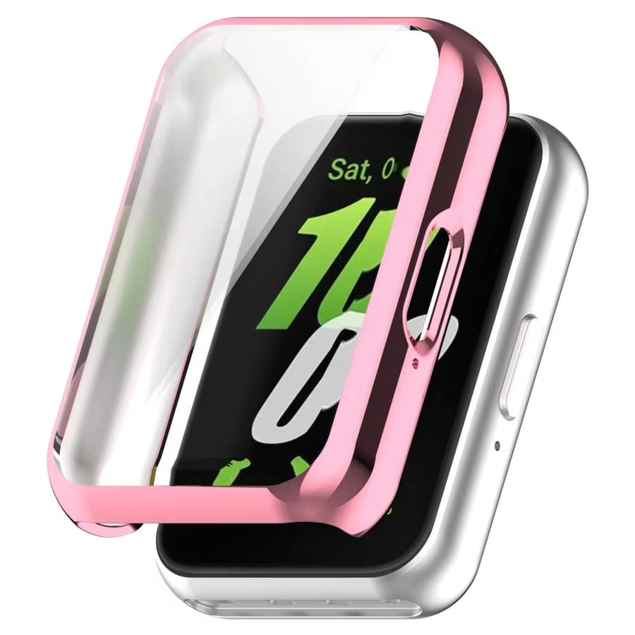 Pink protective case for Samsung Galaxy Watch Fit 3, made by That Watch Shop, shown on a smartwatch.