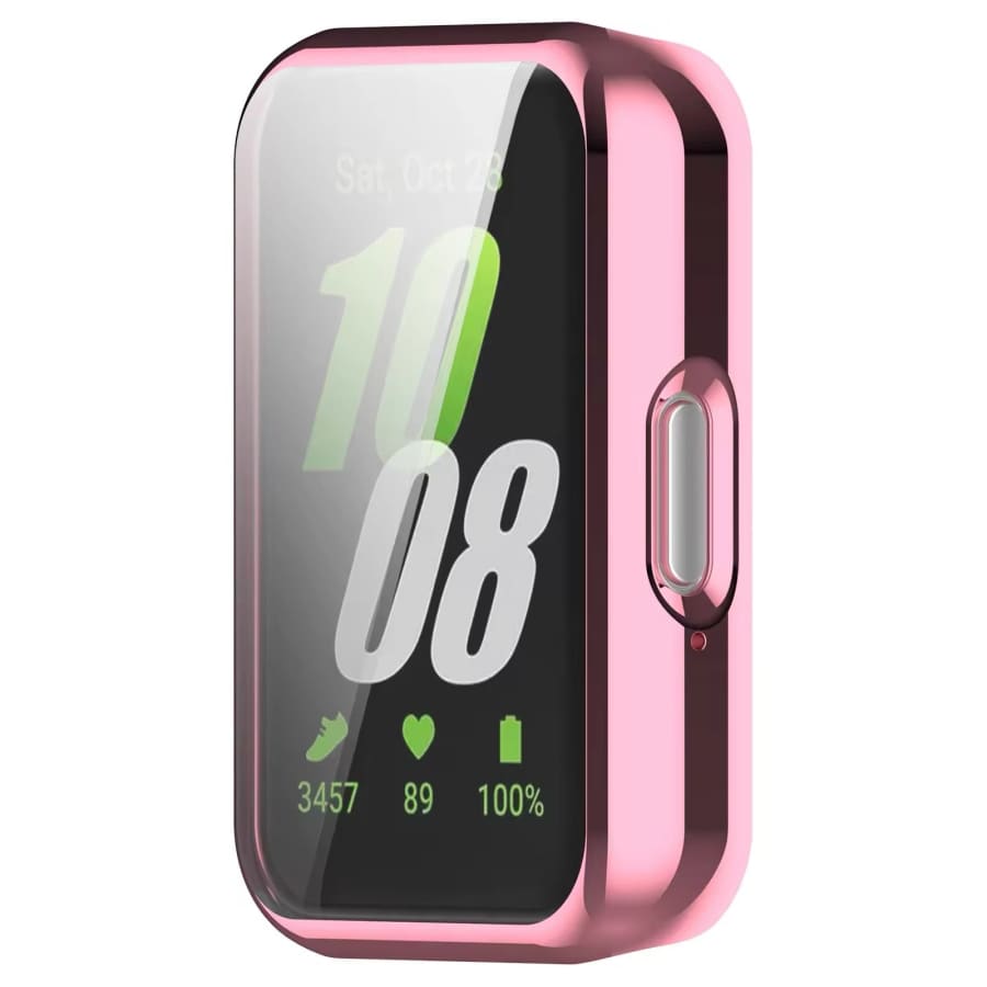 Pink protective case for Samsung Galaxy Watch Fit 3, made by That Watch Shop, showing the snug fit around the watch.