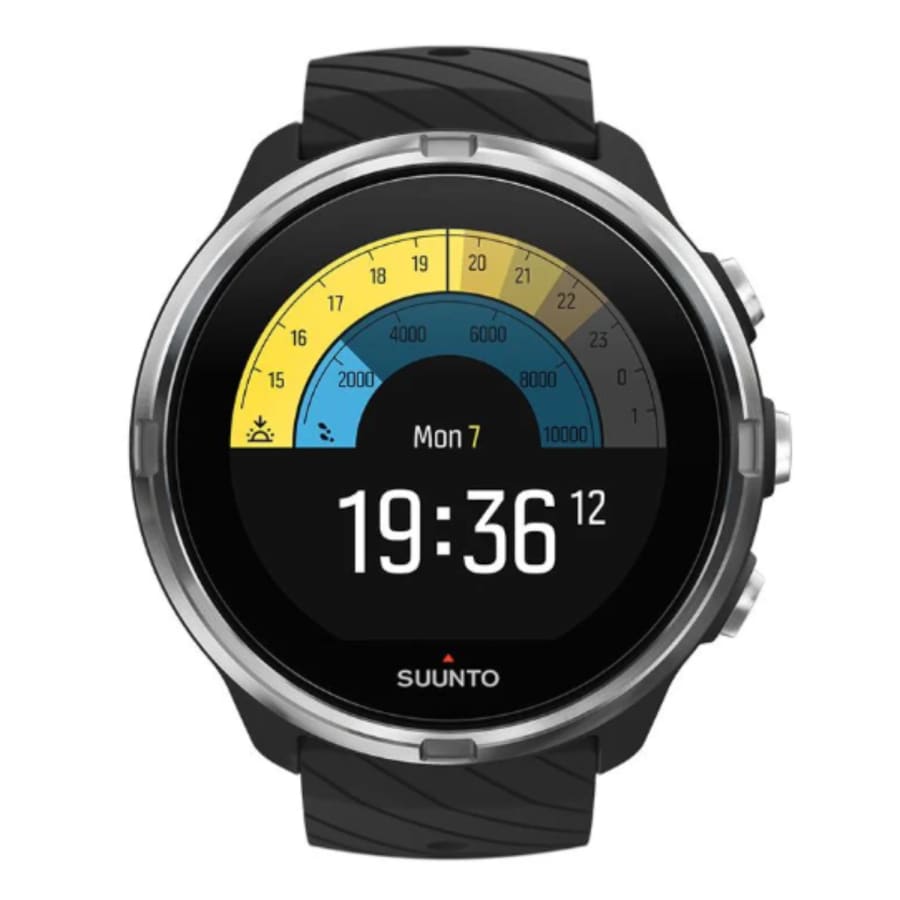 Black protective watch case for Suunto 9, designed to safeguard the smartwatch from scratches and impacts.
