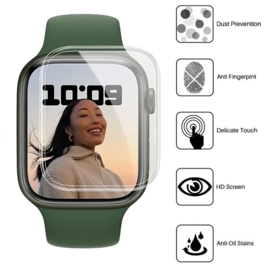 Clear hydrogel screen protectors for Apple Watch Series 8 (41mm), set of 2, designed to protect the watch display.