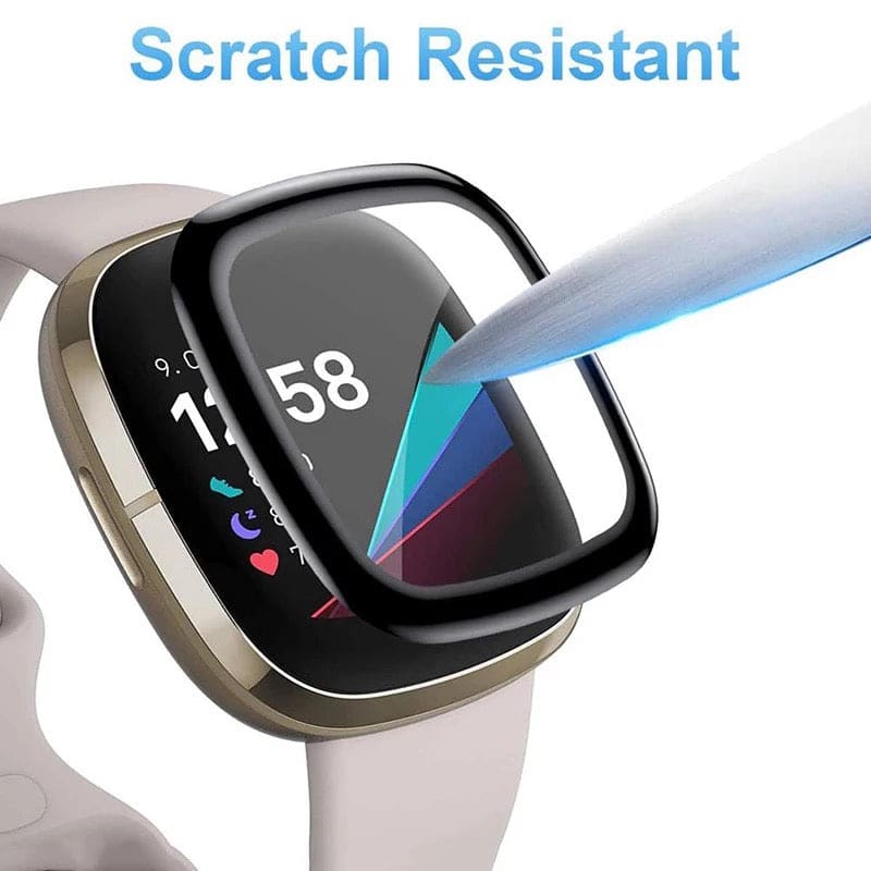 Fitbit Versa 3 screen protector by That Watch Shop, clear protective film covering the watch face for scratch resistance.