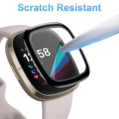 Fitbit Versa 3 screen protector by That Watch Shop, clear protective film covering the watch face for scratch resistance.
