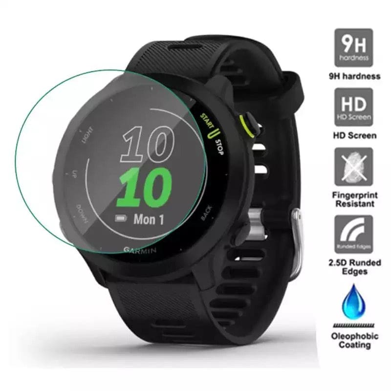 Garmin Forerunner 55 watch screen protector from That Watch Shop, clear protective film over watch face.