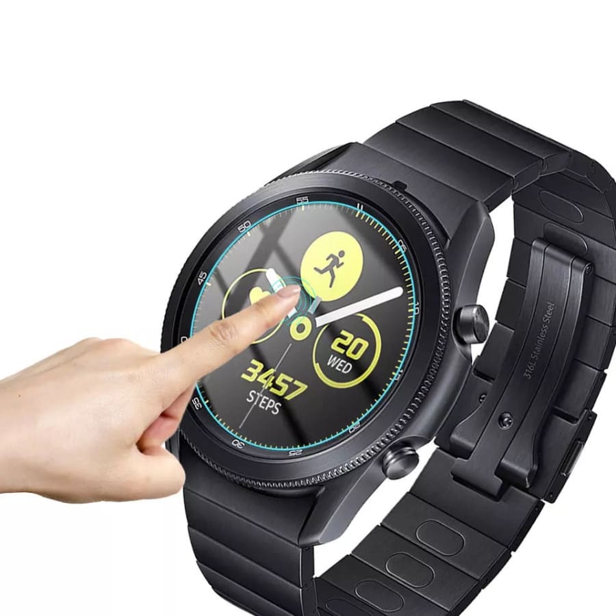 Samsung Galaxy Watch Gear S2 screen protector from That Watch Shop, clear protective film covering the watch screen.