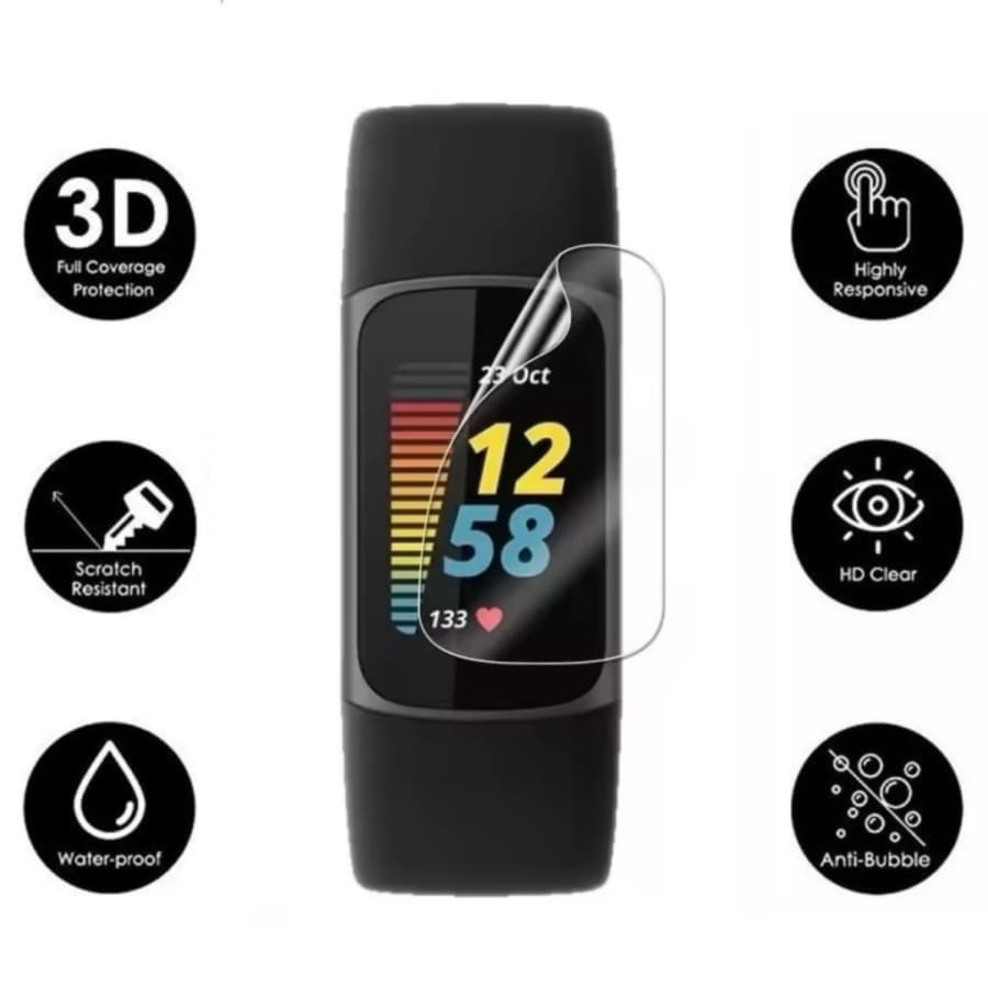 Hydrogel screen protectors for Fitbit Charge 6, pack of 2, showing transparent, flexible covers for smartwatch screens.