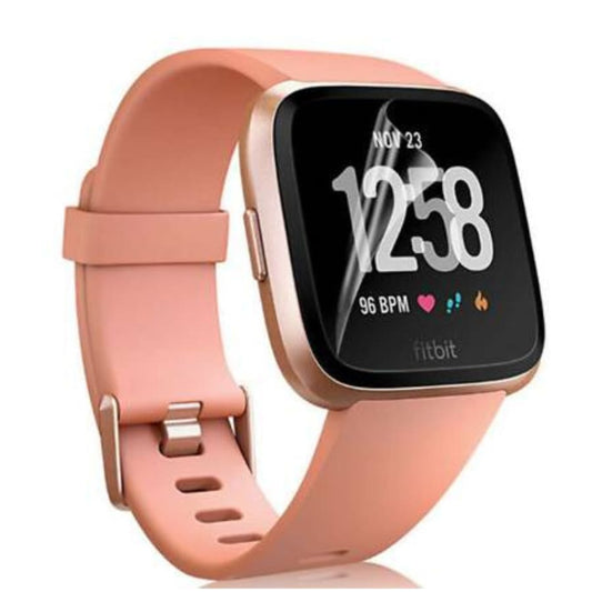 Hydrogel screen protectors for Fitbit Versa 1 smartwatch, pack of 6, showing clear, flexible protectors on the device screen.