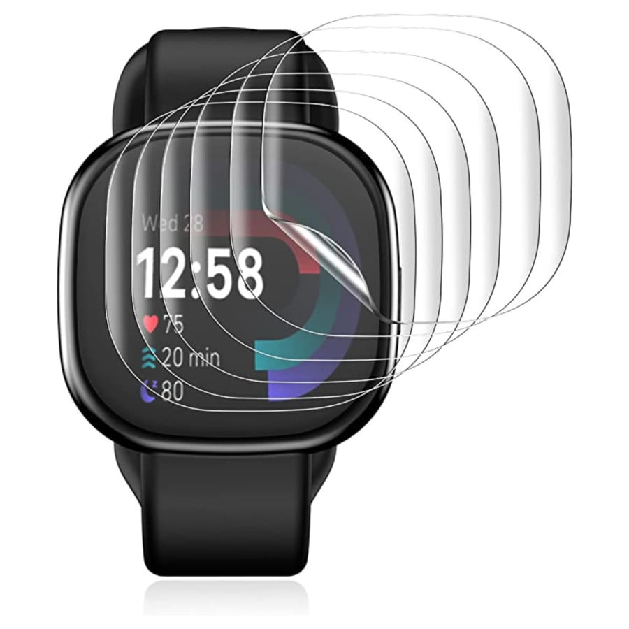 Six hydrogel screen protectors for Fitbit Versa 4, designed to shield the watch display from scratches and smudges.