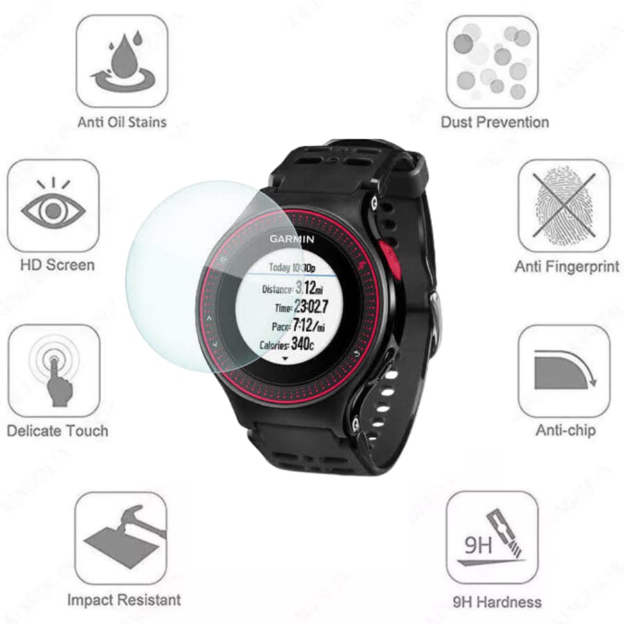 Pair of Garmin Forerunner 220 screen protectors from That Watch Shop, clear watch screen protection for Garmin running watch.
