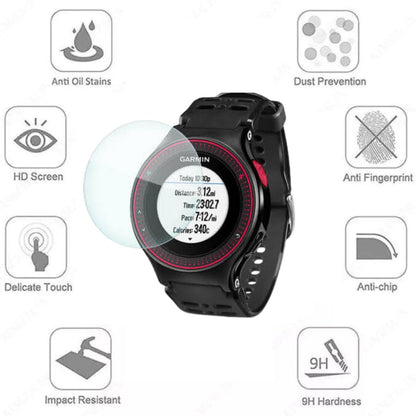 Pair of Garmin Forerunner 220 screen protectors from That Watch Shop, clear watch screen protection for Garmin running watch.