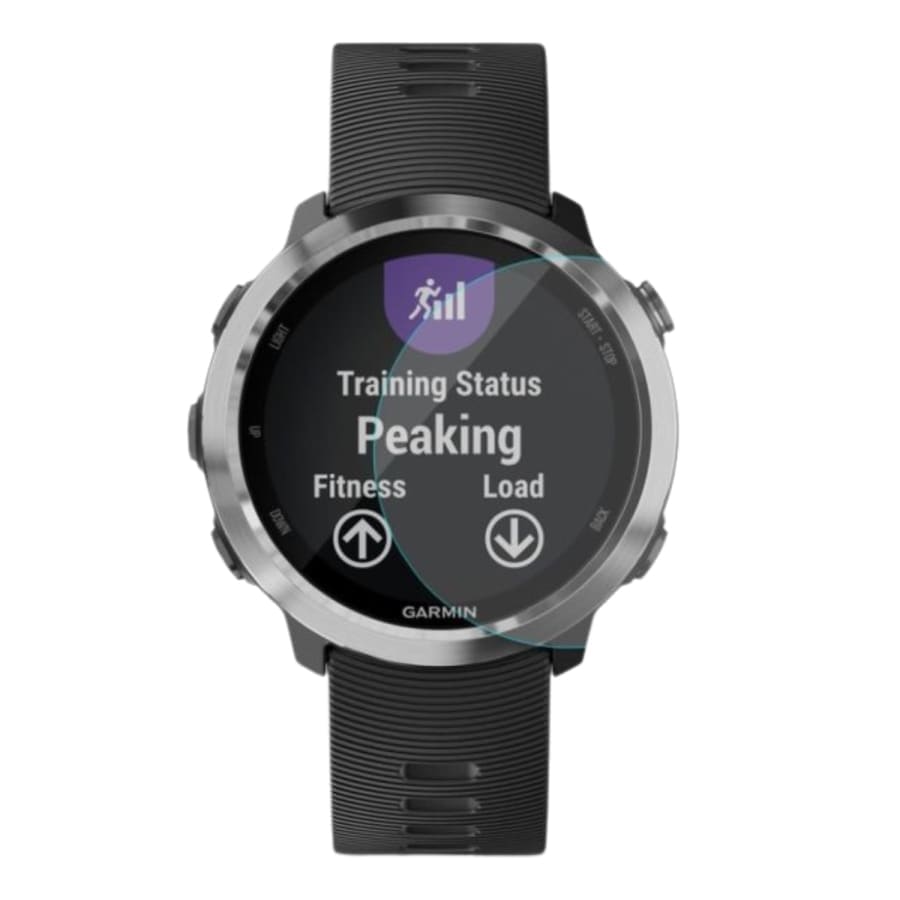 Pair of Garmin Forerunner 645 screen protectors from That Watch Shop, clear watch screen protectors for Garmin Forerunner 645.