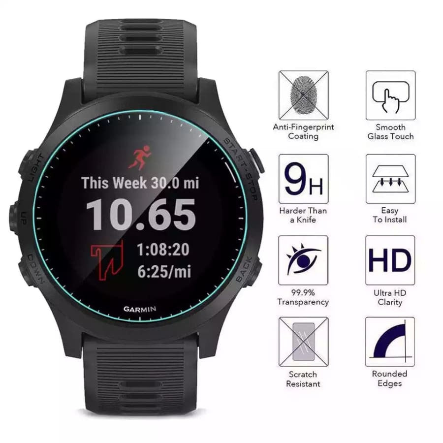 Two Garmin Forerunner 945 screen protectors by That Watch Shop showing clear, durable watch screen protection for Garmin watches.