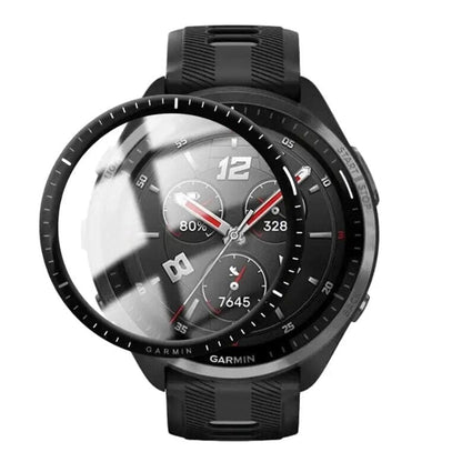 Pair of Garmin Forerunner 965 watch screen protectors by That Watch Shop, clear protective covers for smartwatch screens.