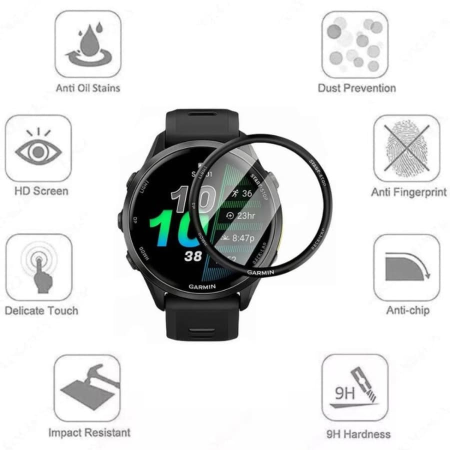 Garmin Forerunner 970 watch screen protector by That Watch Shop, clear protective film covering the watch display.