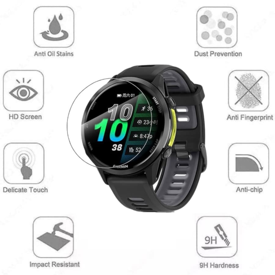 Set of two Garmin Forerunner 970 screen protectors by That Watch Shop showing clear, protective film on smartwatch screens.