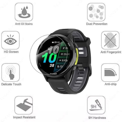 Set of two Garmin Forerunner 970 screen protectors by That Watch Shop showing clear, protective film on smartwatch screens.