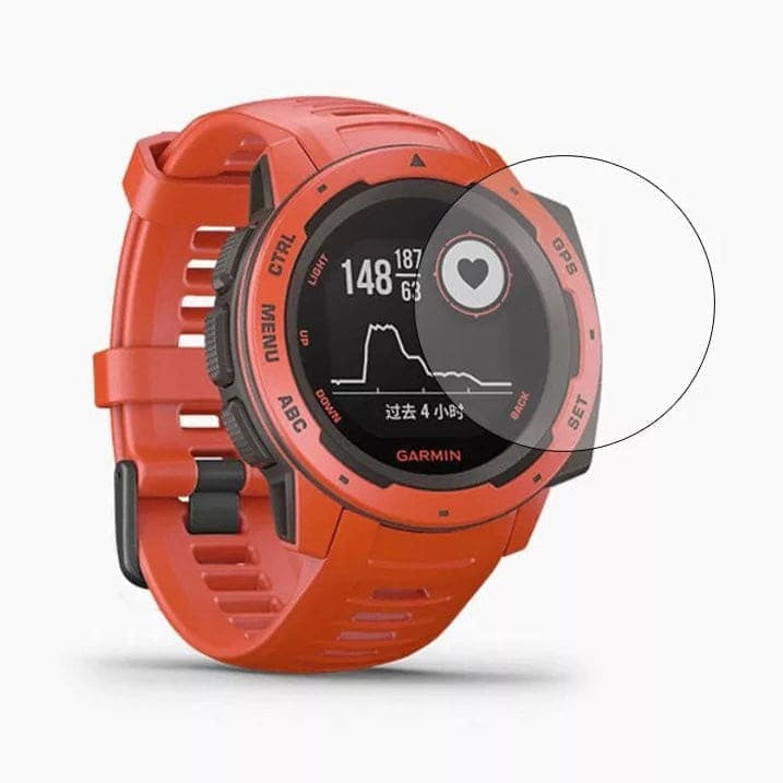 Pair of Garmin Instinct 2 Series watch screen protectors by That Watch Shop, clear protective covers for smartwatch screens.