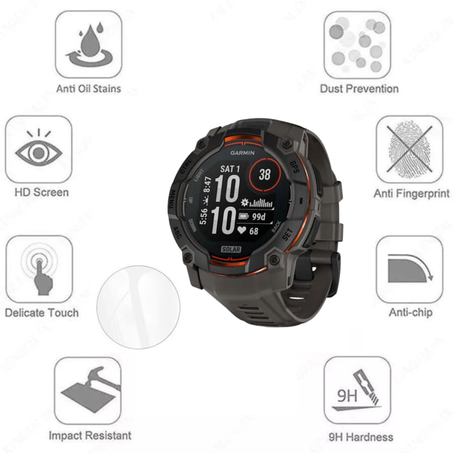 Pair of Garmin Instinct 3 45mm watch screen protectors from That Watch Shop, clear protective film for smartwatch screens.