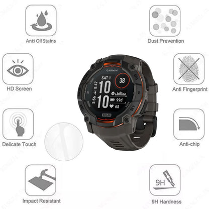 Pair of Garmin Instinct 3 45mm watch screen protectors from That Watch Shop, clear protective film for smartwatch screens.