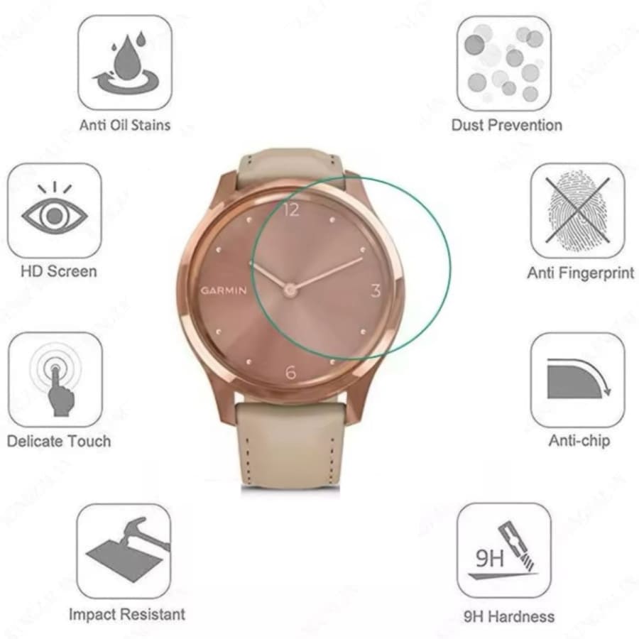 Garmin Vivomove Luxe watch screen protector from That Watch Shop, clear protective film on smartwatch display.