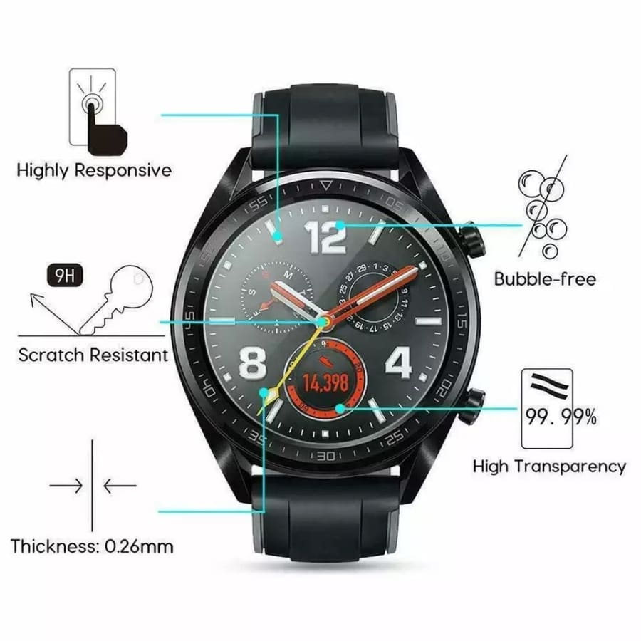 Pack of two Huawei GT 2 46mm watch screen protectors, clear protective film for smartwatch screens, from That Watch Shop.