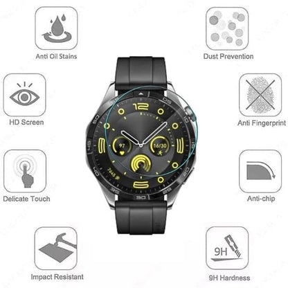 Hydrogel screen protectors for Huawei GT4 46mm smartwatch, pack of 6, showing clear, flexible protective film on watch face.