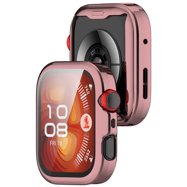 Pink protective case for Huawei Watch Fit 4 with screen protector, designed to safeguard the smartwatch from scratches and impacts.