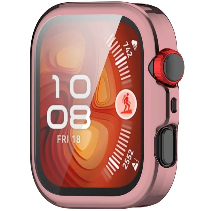 Pink protective case for Huawei Watch Fit 4 with screen protector, designed to safeguard the smartwatch from scratches and impacts.