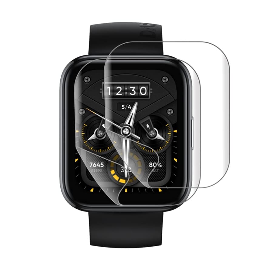 Hydrogel screen protectors for Realme Watch 2 Pro, pack of 6, showing clear, flexible protectors fitting the smartwatch screen.