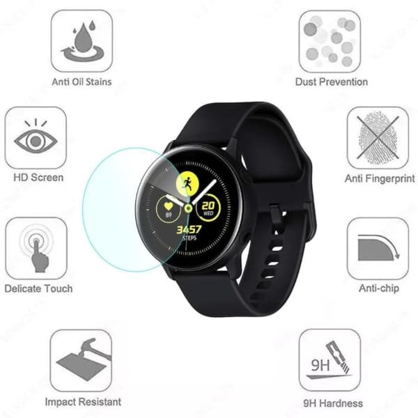 Pair of Samsung Galaxy Watch Active 40mm screen protectors by That Watch Shop, clear protective covers for watch screens.