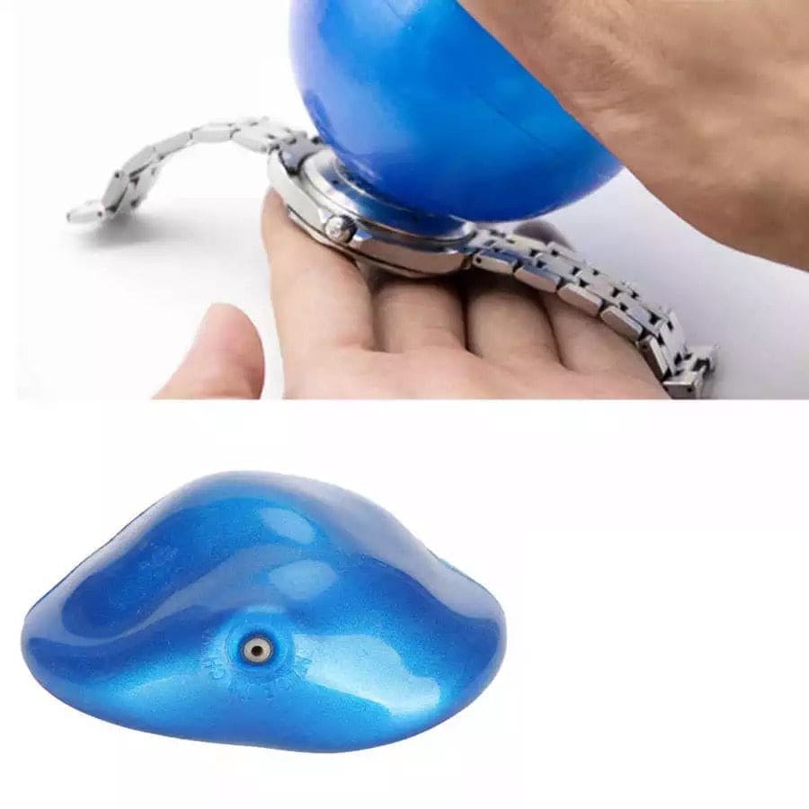 Blue watch back cover remover tool with friction ball, designed for watch repair and maintenance by That Watch Shop.