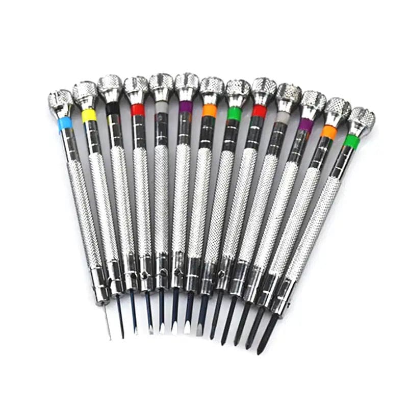 13-piece precision screwdriver set for watch repair, featuring watch tools from That Watch Shop with various small screwdrivers.