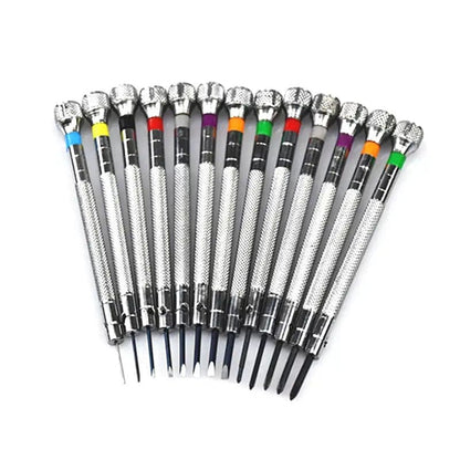 13-piece precision screwdriver set for watch repair, featuring watch tools from That Watch Shop with various small screwdrivers.