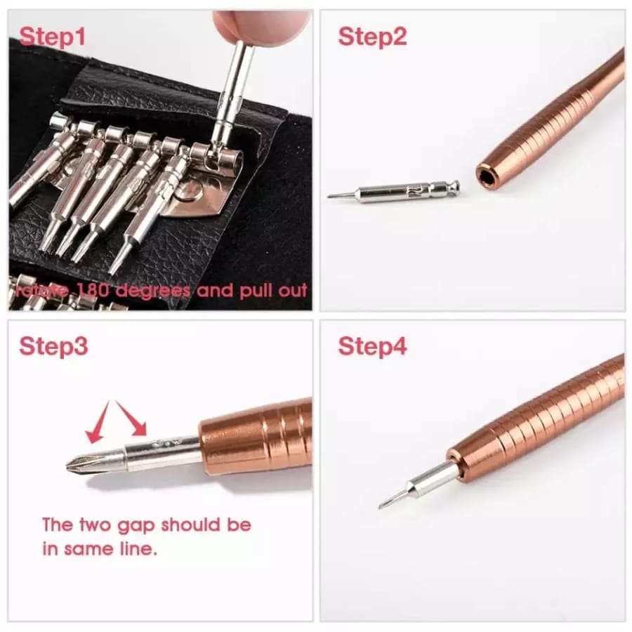 Set of 25 mini precision screwdrivers for watch repair, featuring small, detailed watch tools from That Watch Shop.