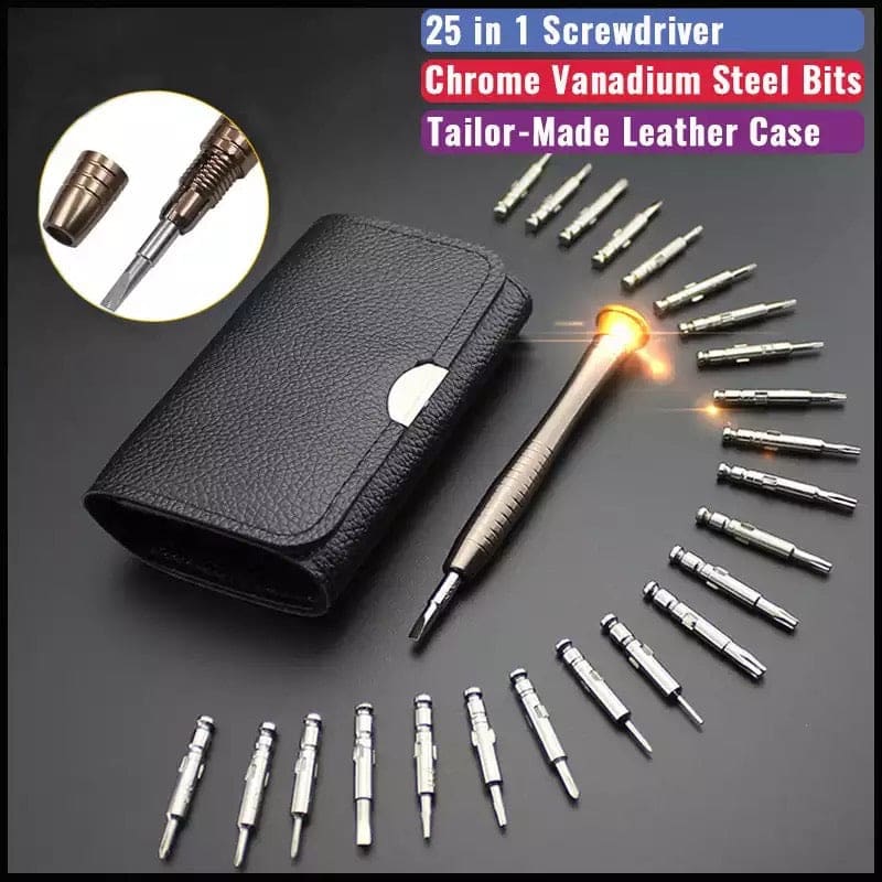 Set of 25 mini precision screwdrivers for watch repair, featuring various small screwdriver heads in a compact tool kit.