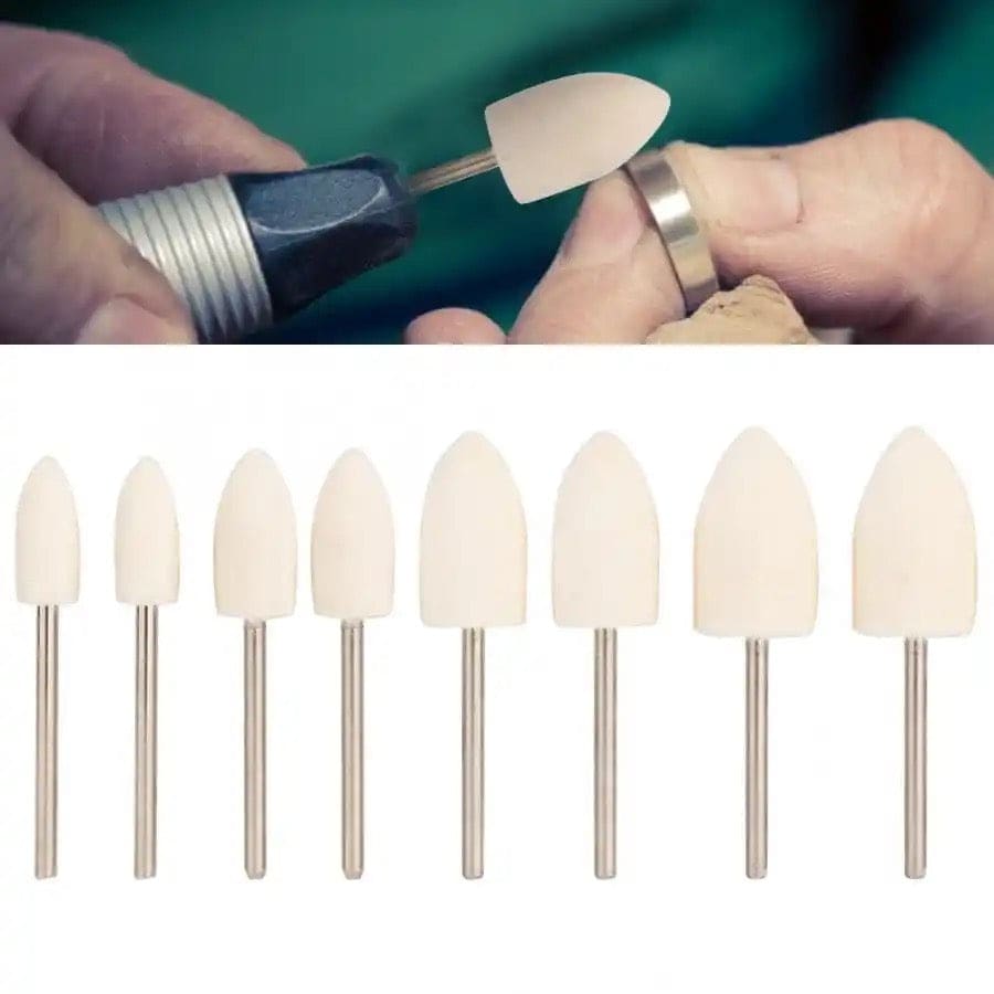 Set of 8 conical head polishing bits for watch repair tools, ideal for detailed polishing and finishing tasks.