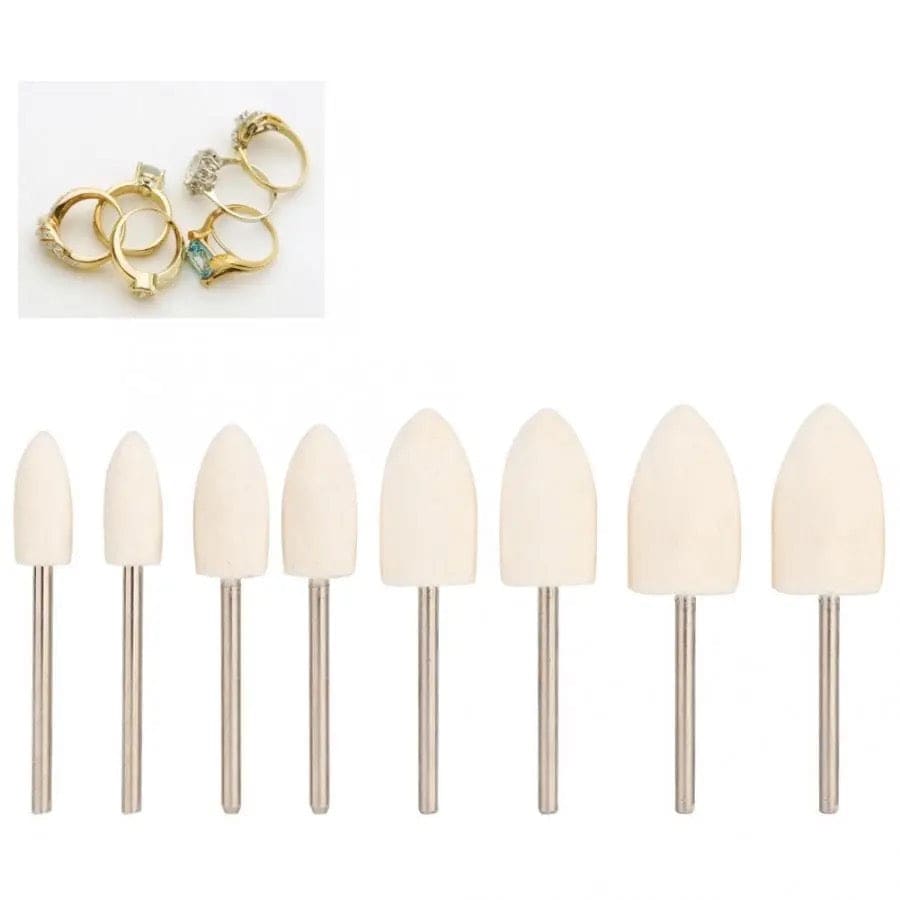 Set of 8 conical head polishing bits for watch tools, ideal for detailed watch polishing and finishing tasks.