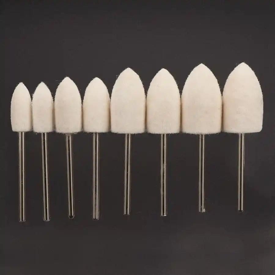 Set of 8 conical head polishing bits for watch tools by That Watch Shop, ideal for detailed watch polishing and finishing.