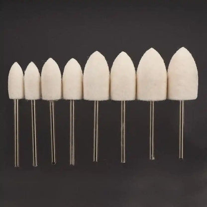 Set of 8 conical head polishing bits for watch tools by That Watch Shop, ideal for detailed watch polishing and finishing.