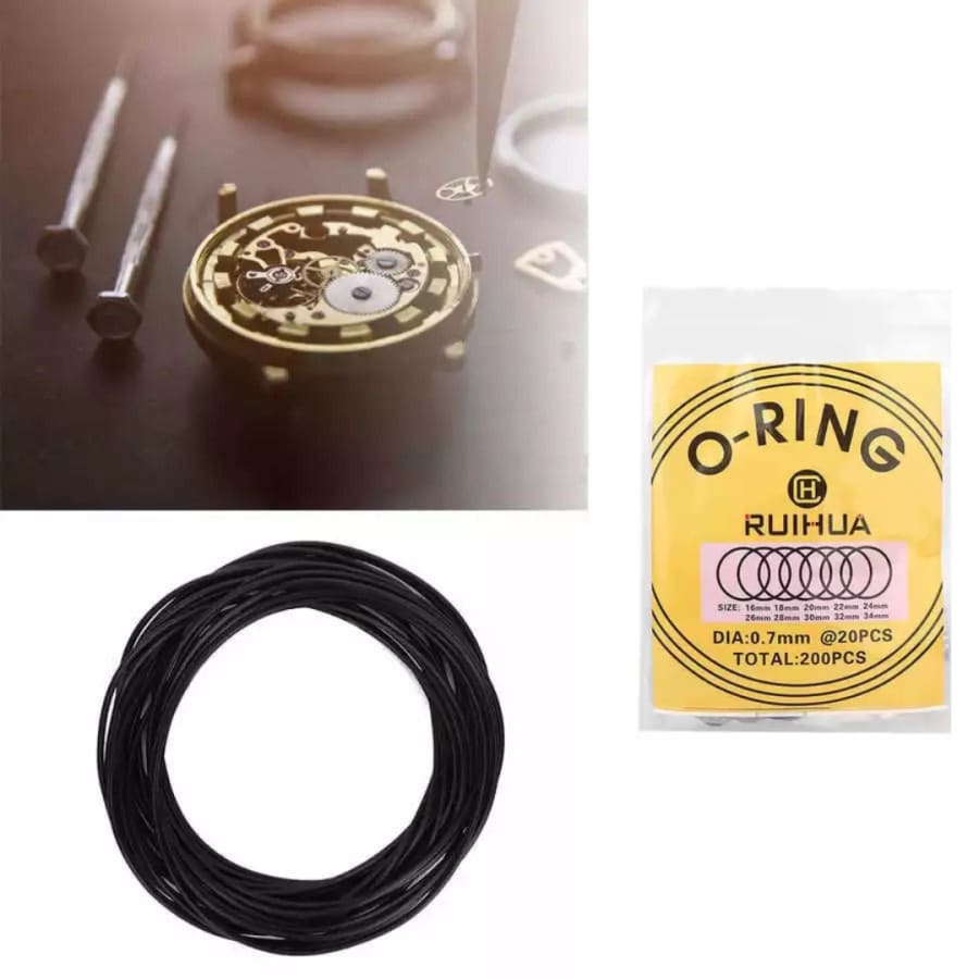 Close-up of 0.7mm watch O-rings for waterproof watches, part of watch tools by That Watch Shop, showing the small rubber rings.