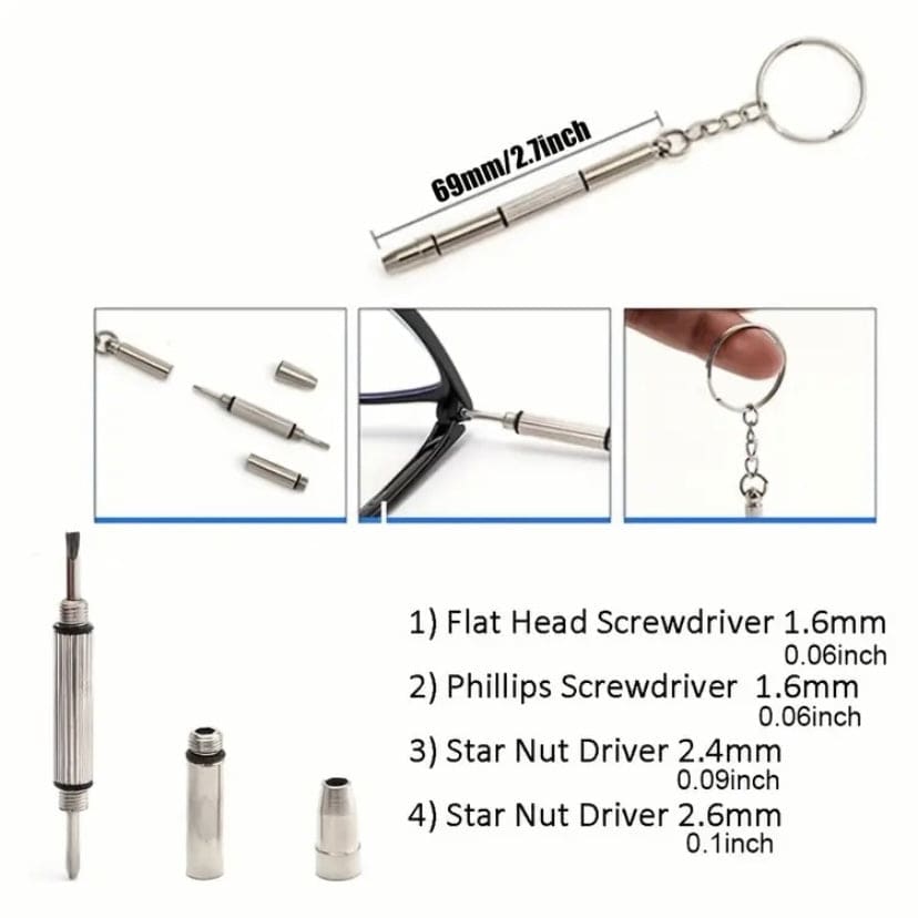 Assorted watch, sunglasses, and electronics screw set containing 1,000 small repair screws with tools for watch repair.