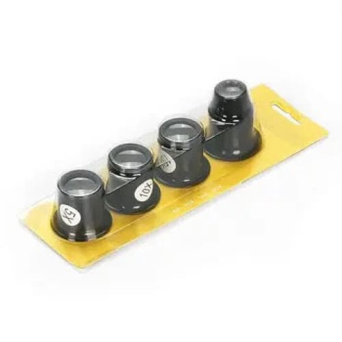Set of four precision magnifying glasses for watch repair, part of That Watch Shop's watch tools collection.