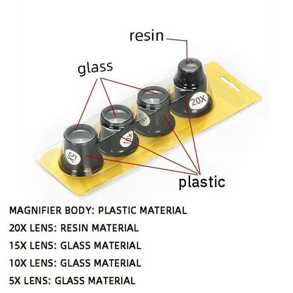 Set of four precision magnifying glasses for watch tools, ideal for detailed watch repair and inspection.