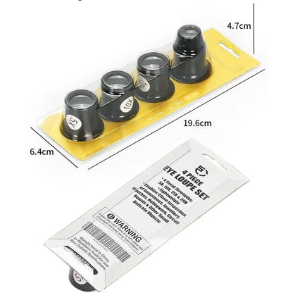 Set of four precision magnifying glasses for watch tools, ideal for detailed watch repair and inspection.